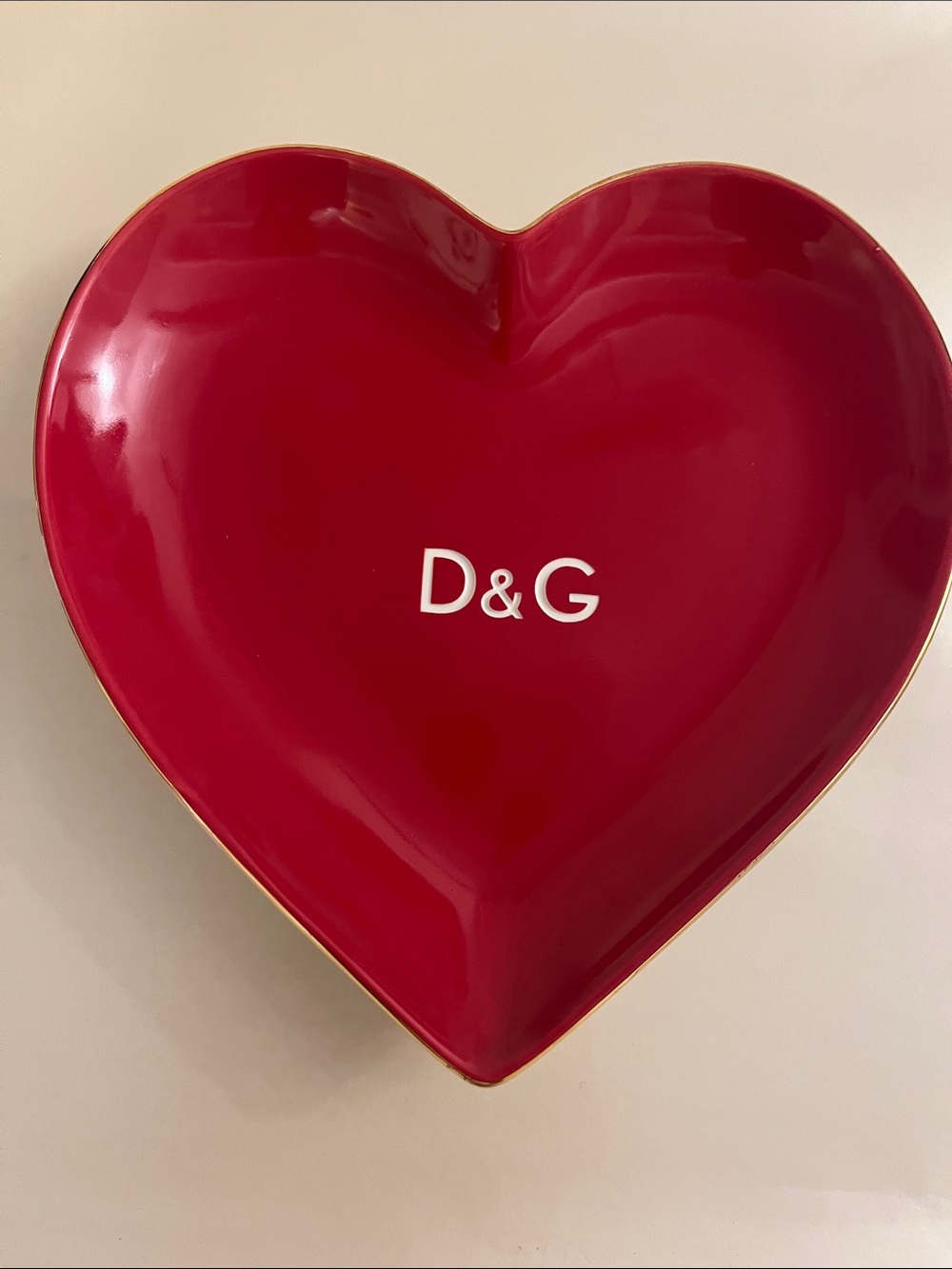 D&G Red Heart-Shaped  Dish with Gold Rim 7.25”c7.25”